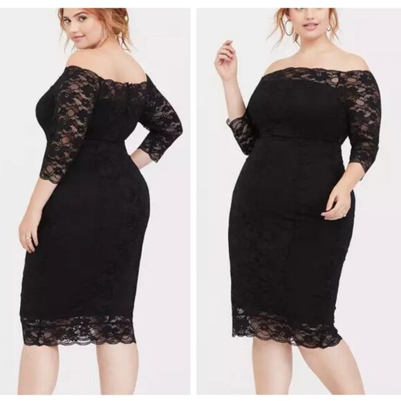 Torrid Dress Size 16 Special Occasion Elegant Black Lace Off Shoulder 3/4 Sleeve - Picture 2 of 9
